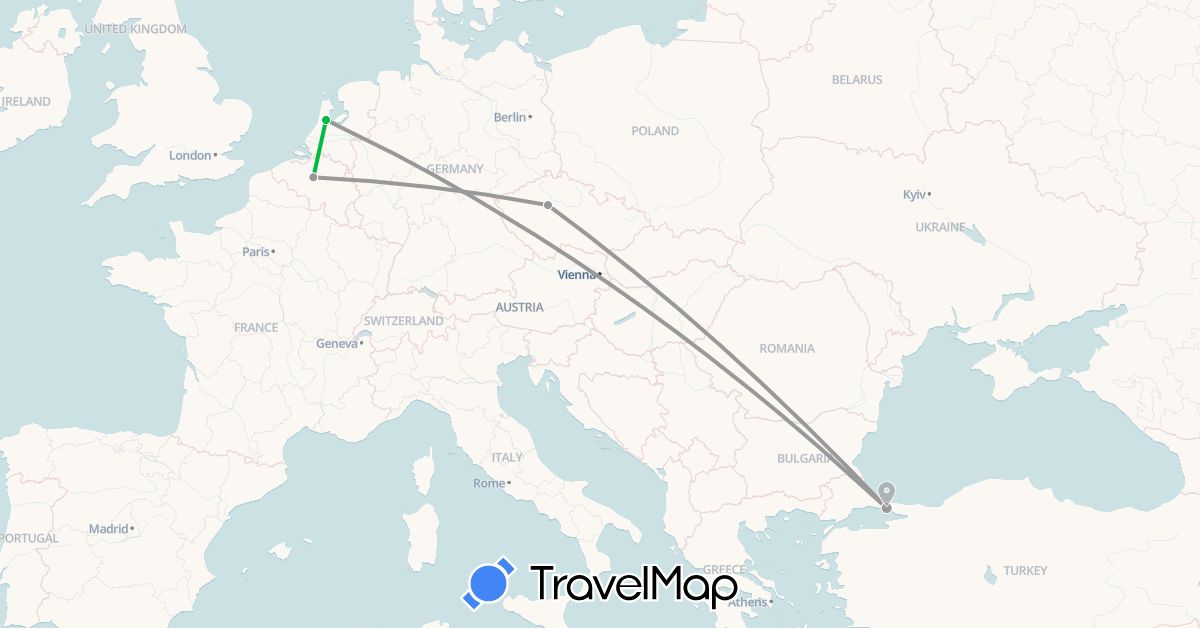 TravelMap itinerary: driving, bus, plane in Belgium, Czech Republic, Netherlands, Turkey (Asia, Europe)